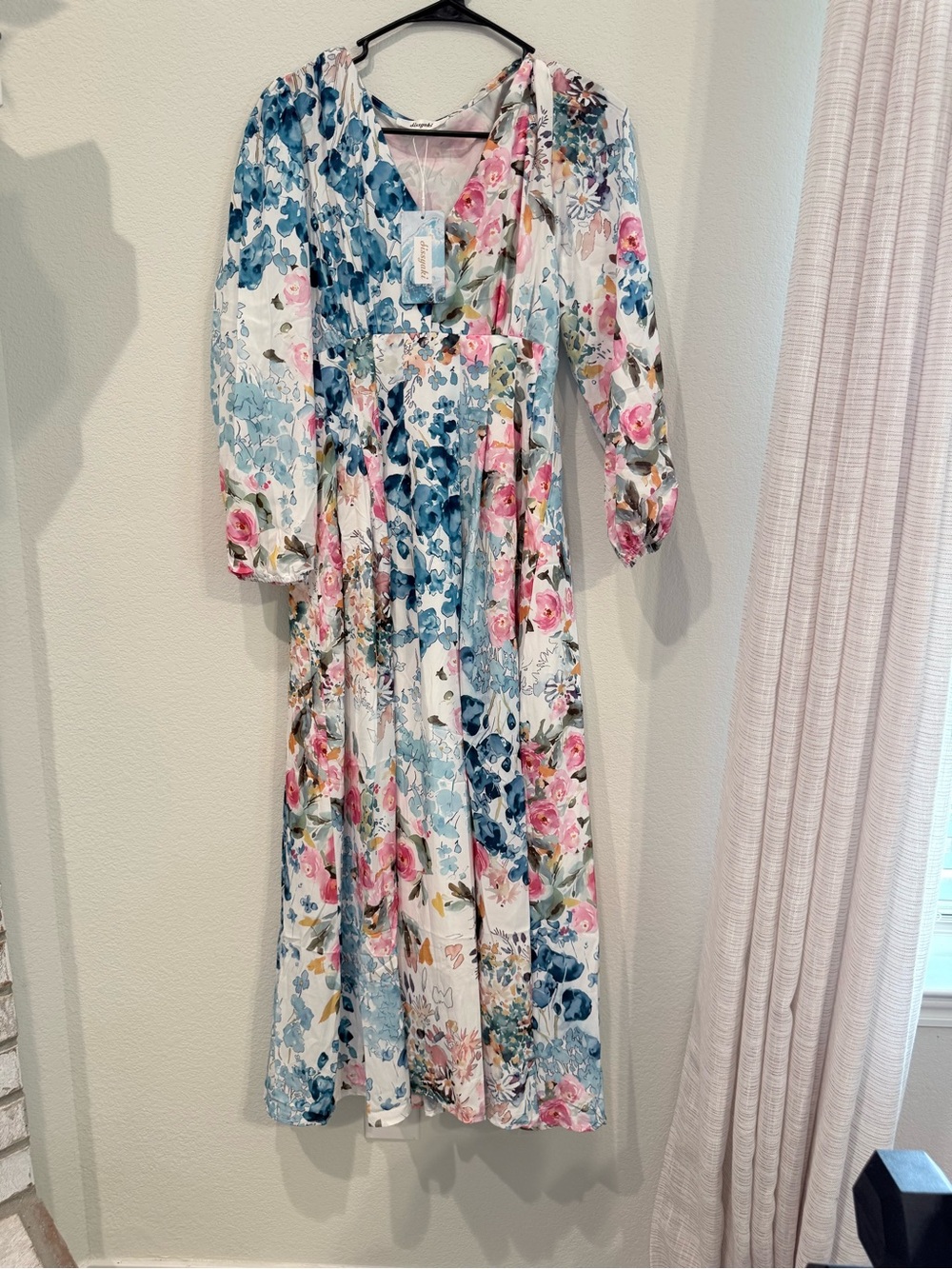 Floral V-Neck Maxi Dress in Blue, Pink and White